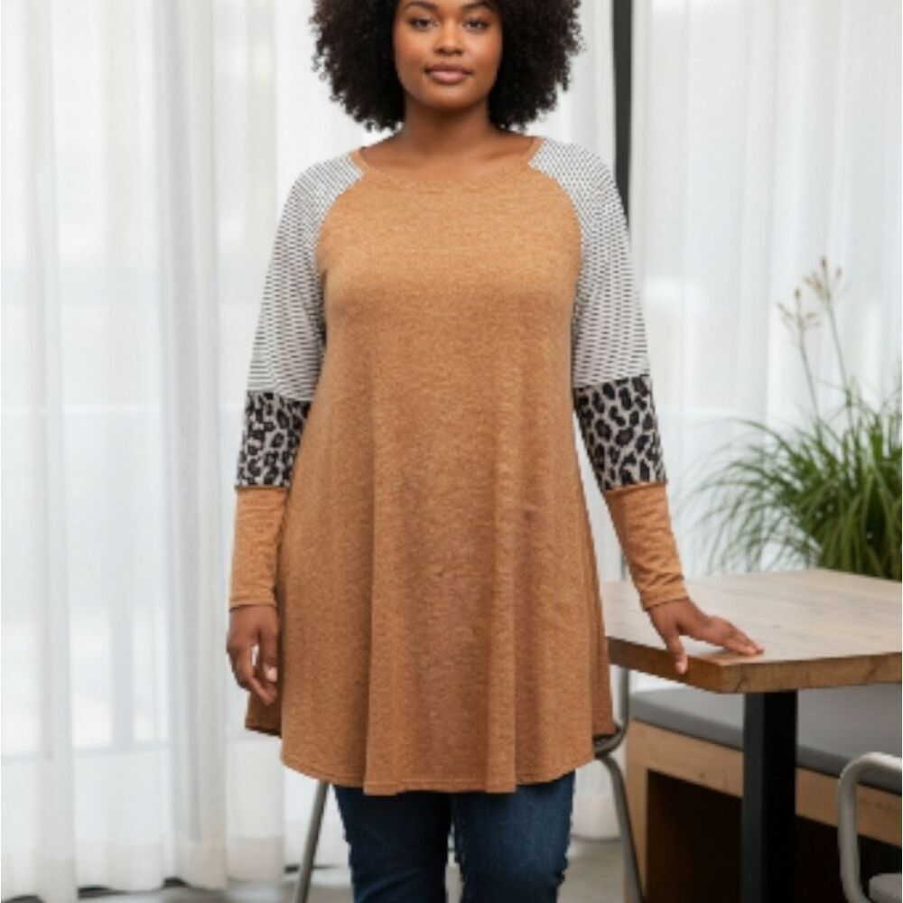 LARACE Tan and Black Patterned Sleeve Tunic
